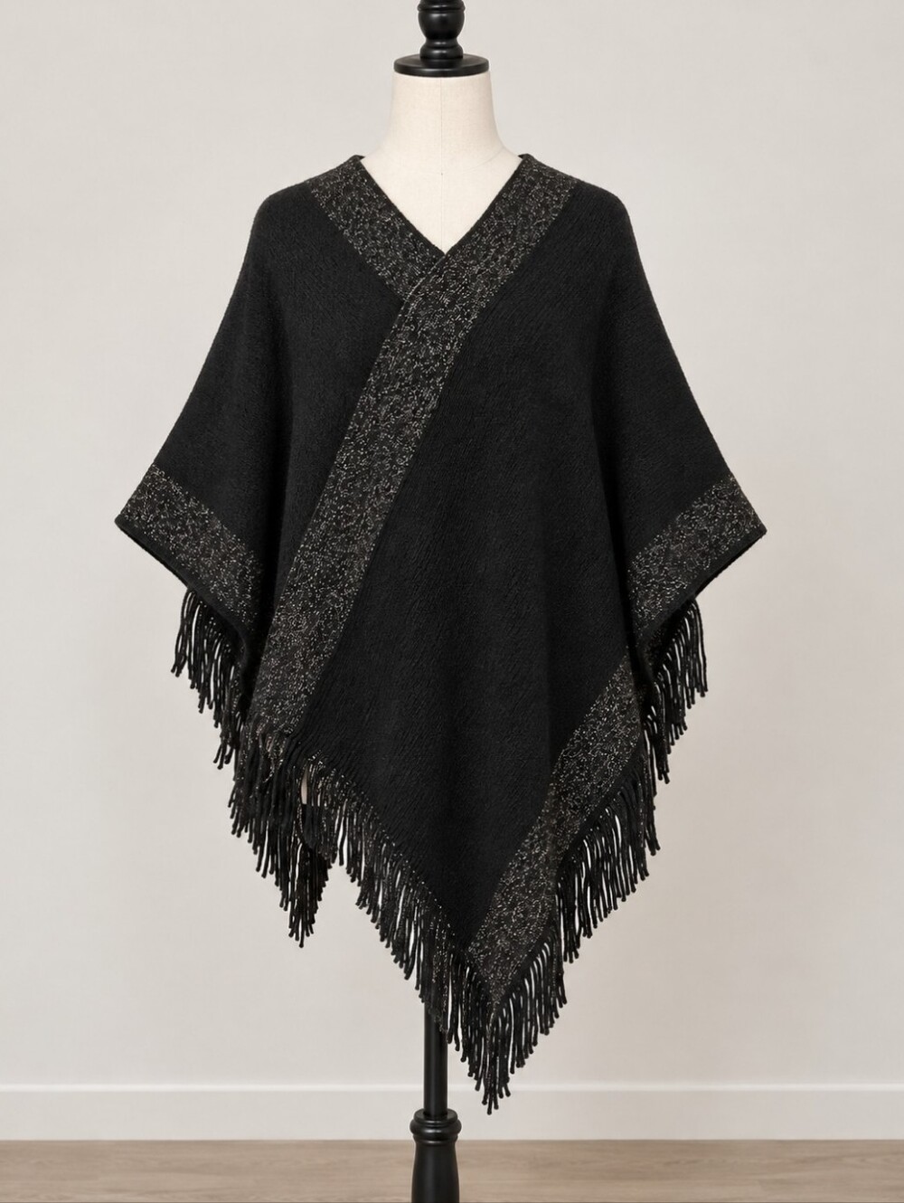 Black Fringe Knit Poncho with Metallic Trim